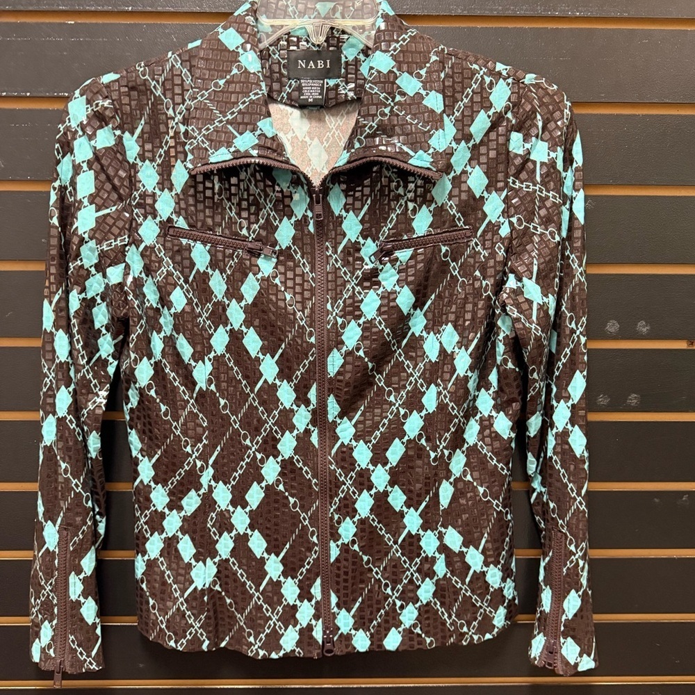 NABI Turquoise Brown Argyle Diamond Print Zip Jacket Size M Stretch